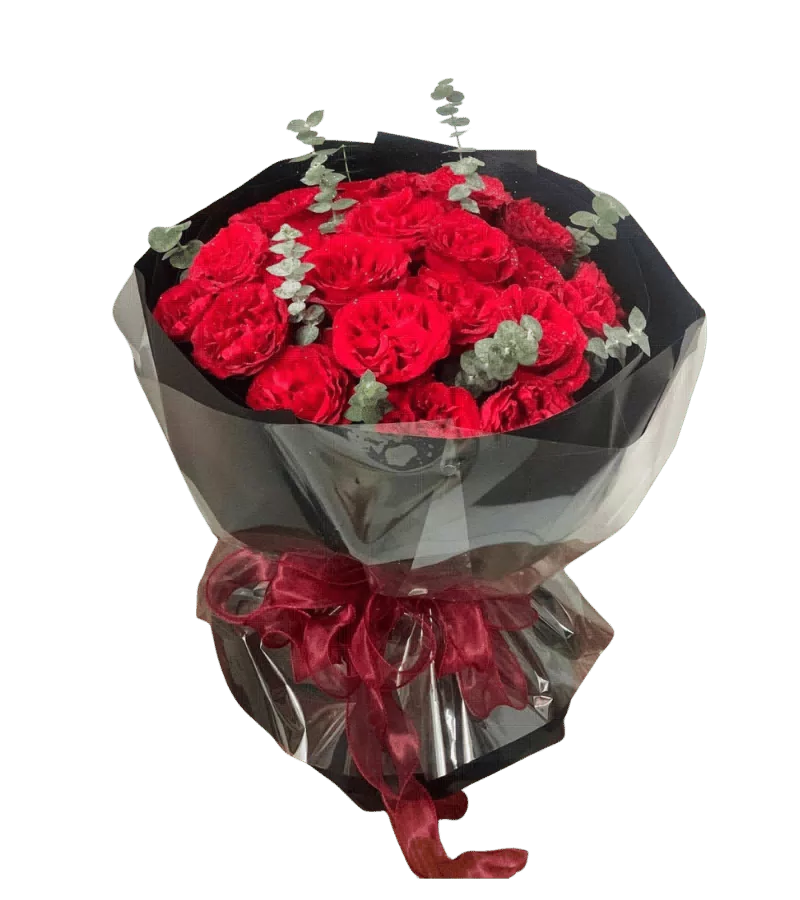 Bó hoa hồng đỏ gói đen nơ đỏ