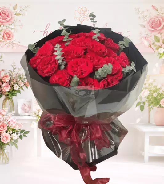 Bó hoa hồng đỏ gói đen nơ đỏ