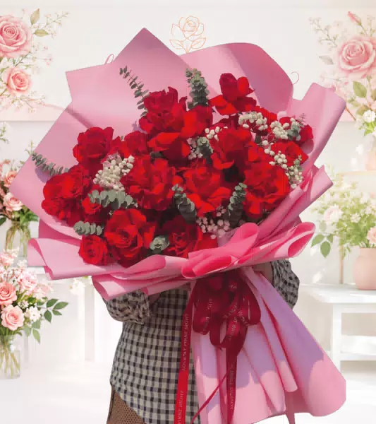 Bó hoa hồng đỏ gói hồng nơ đỏ
