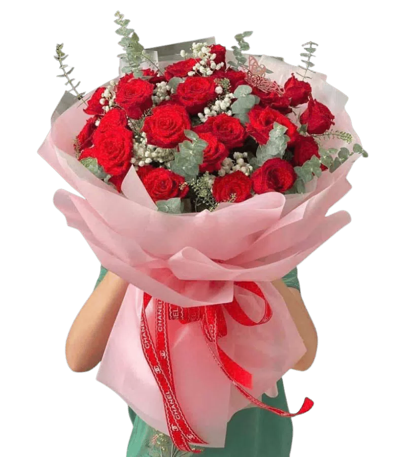 Bó hoa hồng đỏ gói hồng phấn