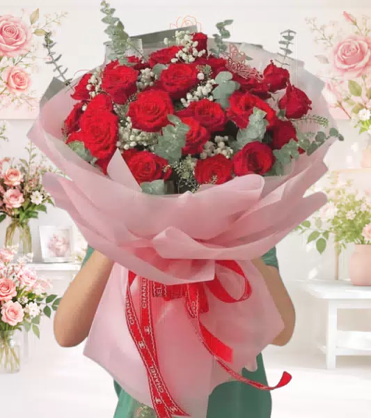 Bó hoa hồng đỏ gói hồng phấn
