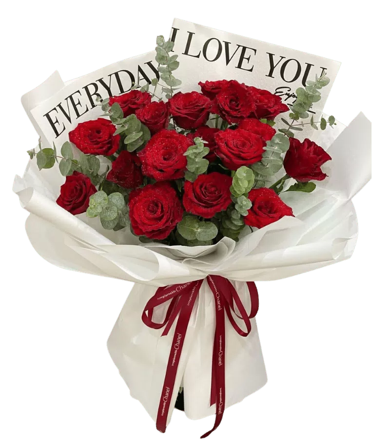Bó hoa hồng đỏ gói trắng kèm thiệp I Love You