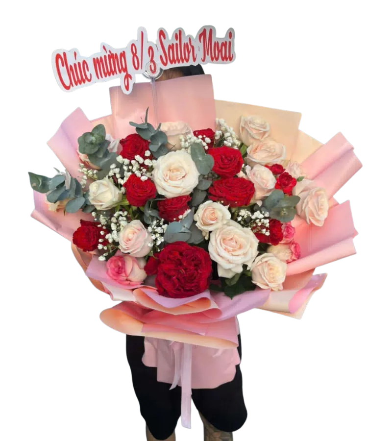 Bó hoa hồng đỏ trắng mừng 8/3