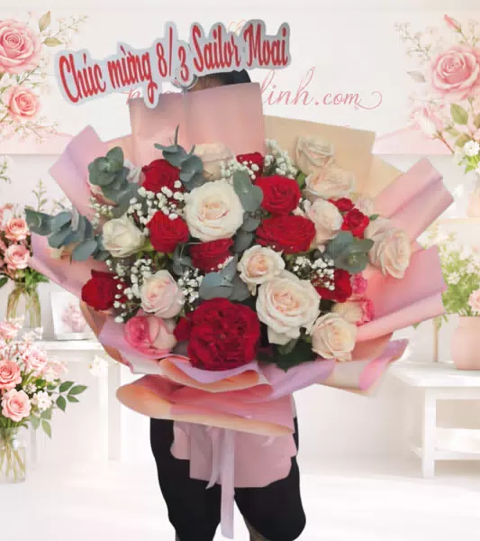 Bó hoa hồng đỏ trắng mừng 8/3