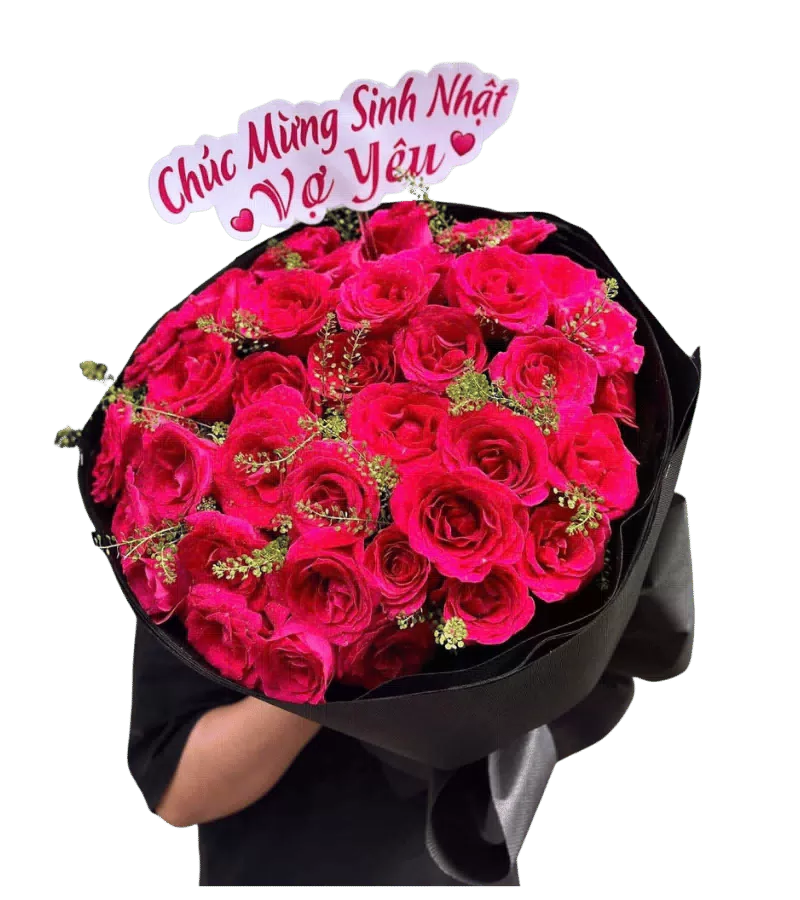 Bó hoa hồng đỏ tươi gói đen
