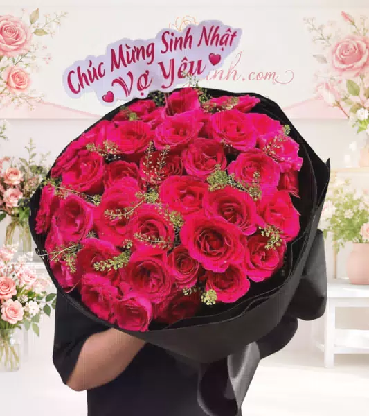 Bó hoa hồng đỏ tươi gói đen