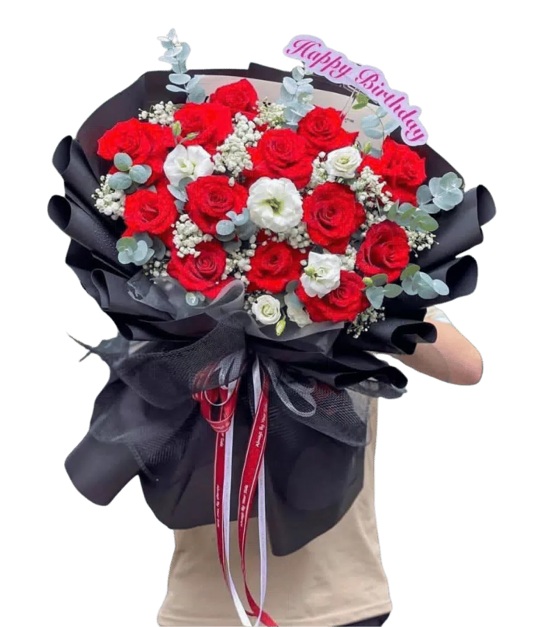 Bó hoa hồng đỏ xen hoa cát tường trắng