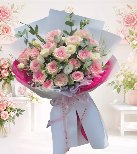 Bó hoa hồng đỏ xen hoa cát tường vàng