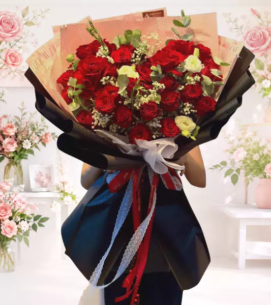 Bó hoa hồng kem trắng phối cát tường