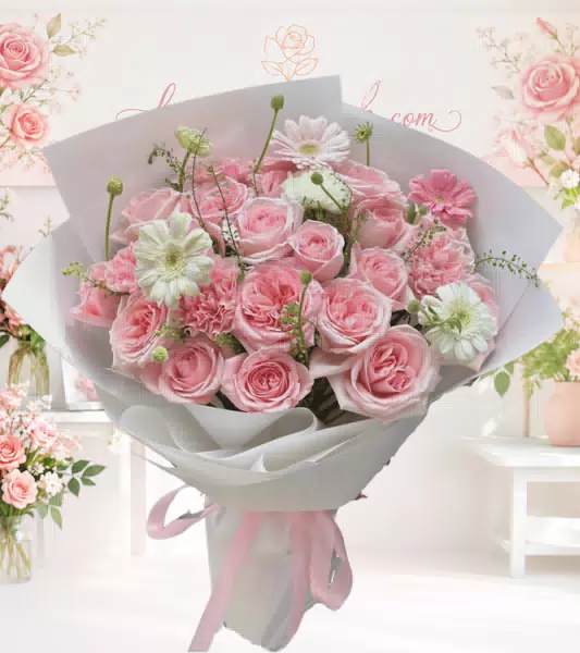 Bó hoa hồng phấn hoa cúc đồng