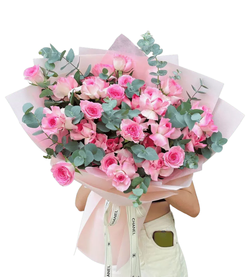 Bó hoa hồng phấn lớn phối trắng