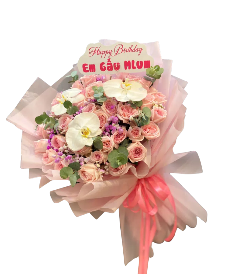 Bó hoa hồng phấn phối lan hồ điệp