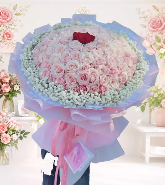 Bó hoa hồng phấn viền hoa baby