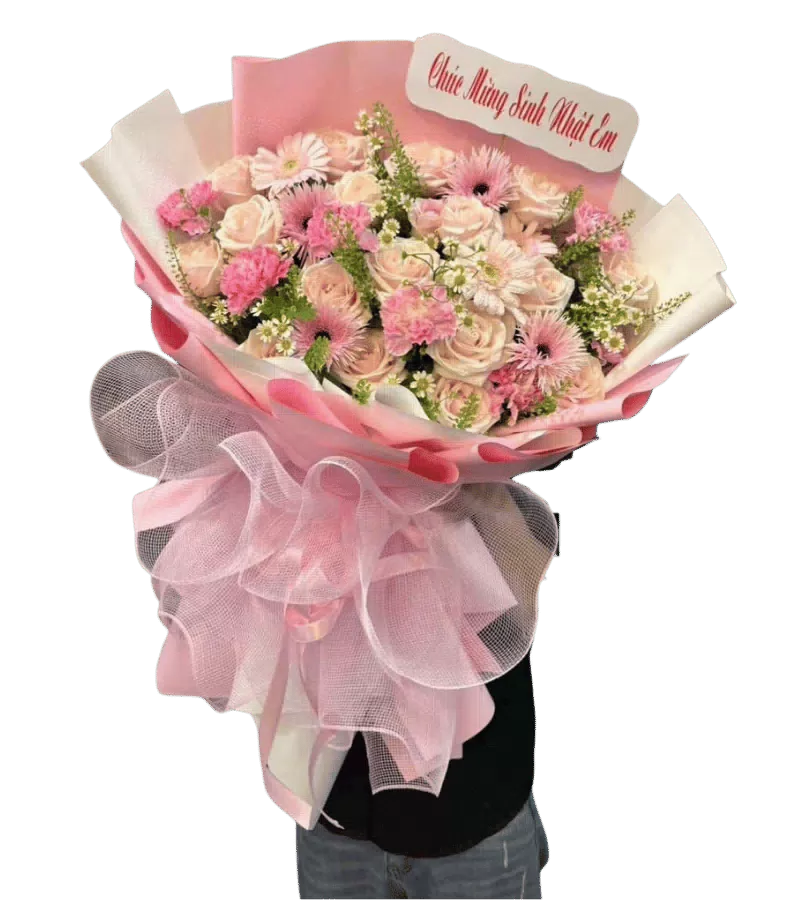Bó hoa hồng phấn xen hoa cúc