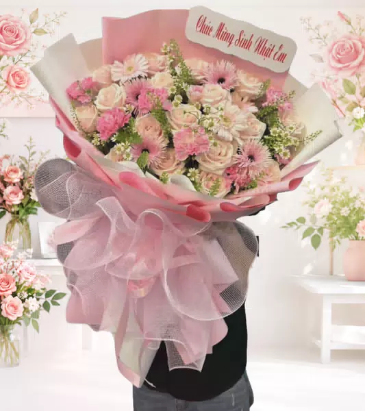 Bó hoa hồng phấn xen hoa cúc