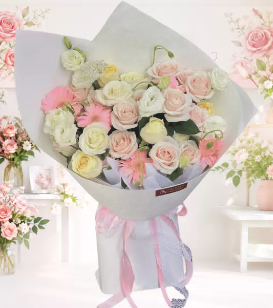 Bó hoa hồng phối cẩm chướng và cúc đồng