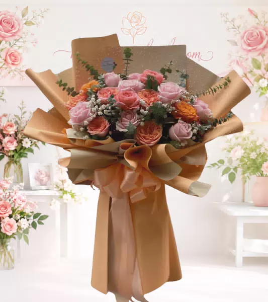 Bó hoa hồng phối cam hồng