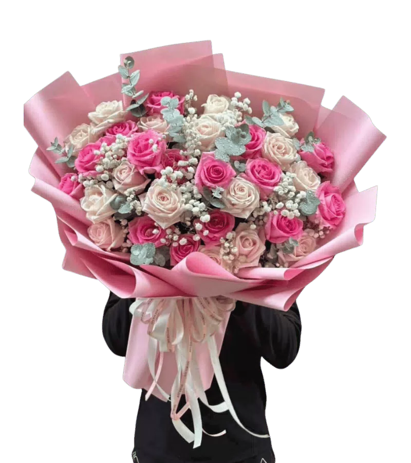 Bó hoa hồng phối trắng hồng cánh sen