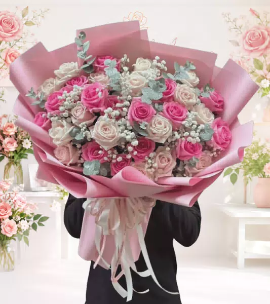 Bó hoa hồng phối trắng hồng cánh sen
