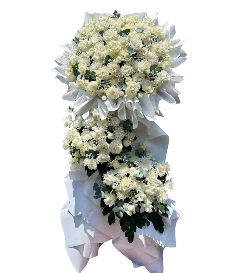 Bó hoa hồng trắng cúc trắng ba tầng gói trắng