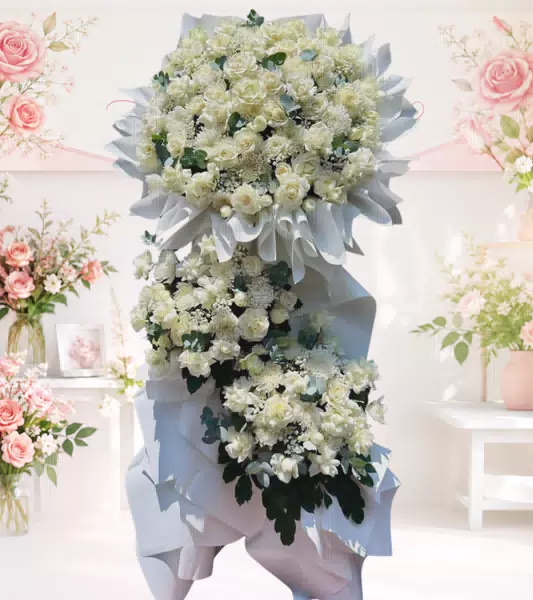 Bó hoa hồng trắng cúc trắng ba tầng gói trắng