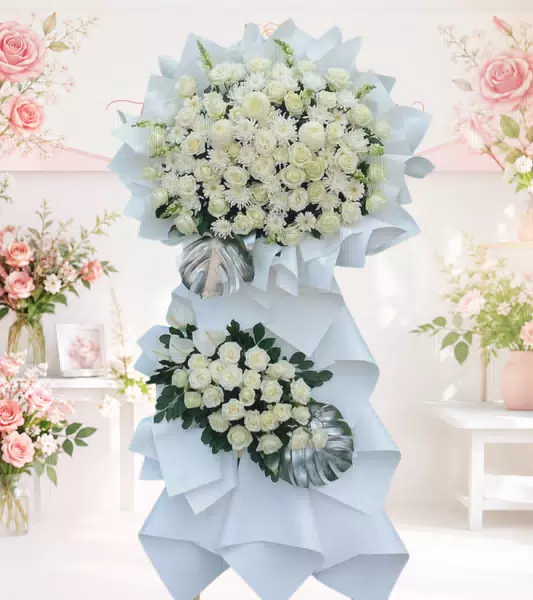 Bó hoa hồng trắng cúc trắng hai tầng lá bạc
