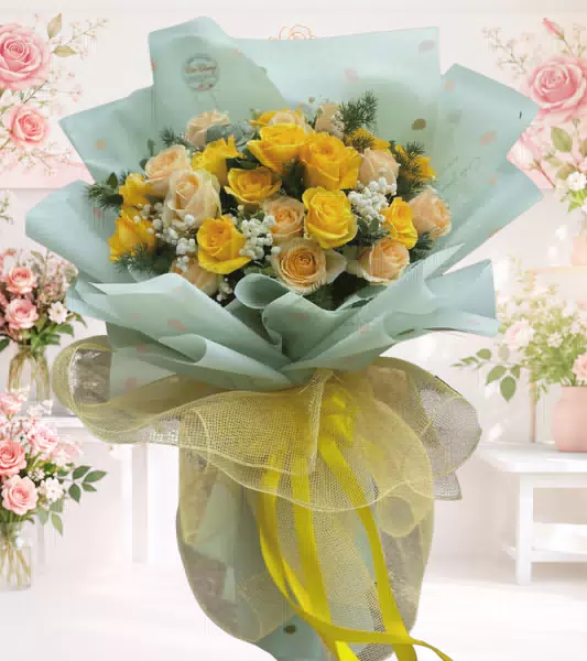 Bó hoa hồng vàng phối kem