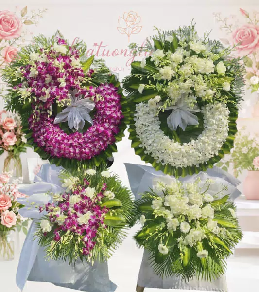 Cặp vòng hoa chia buồn tím trắng đôi