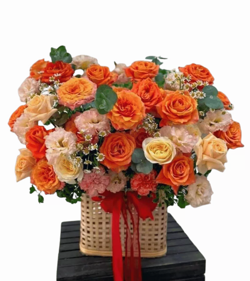 Giỏ hoa hồng cam cẩm chướng giỏ nan tre