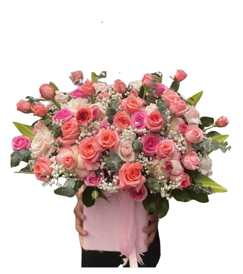 Giỏ hoa hồng cam san hô hồng phấn