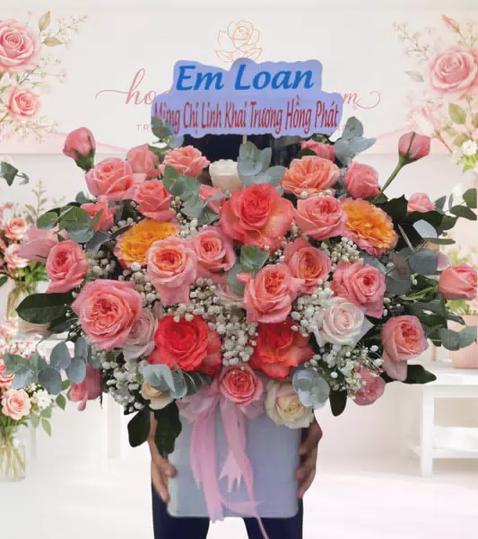 Giỏ hoa hồng cam san hô phối cam vàng