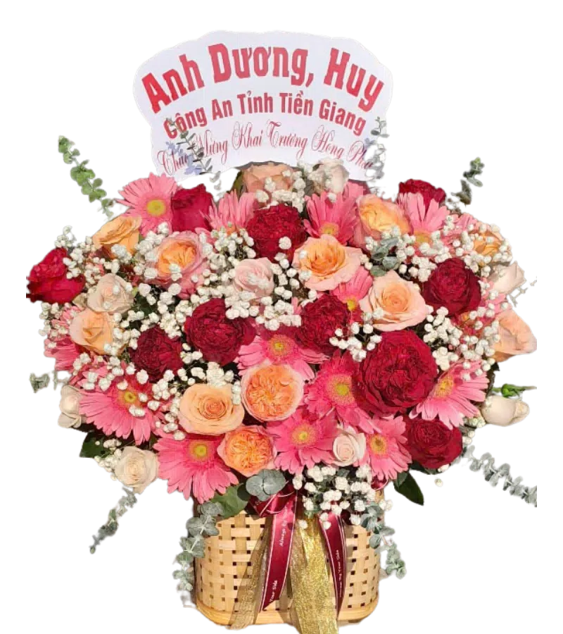 Giỏ hoa hồng đỏ cam đồng tiền hồng khai trương