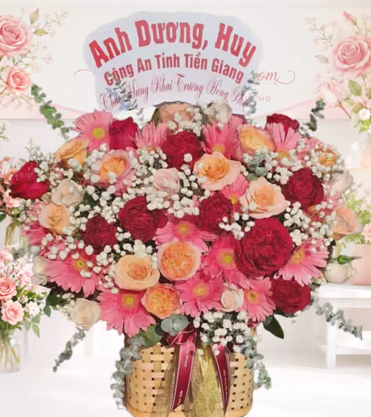 Giỏ hoa hồng đỏ cam đồng tiền hồng khai trương