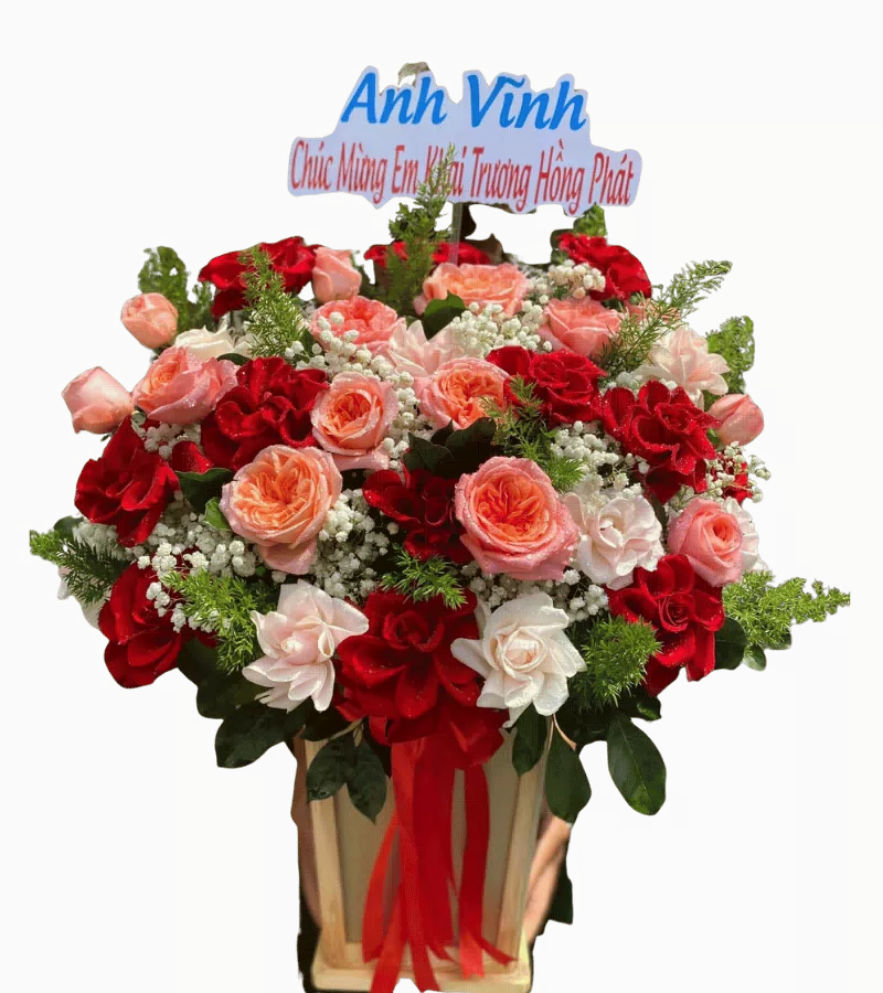 Giỏ hoa hồng đỏ cam trắng khai trương