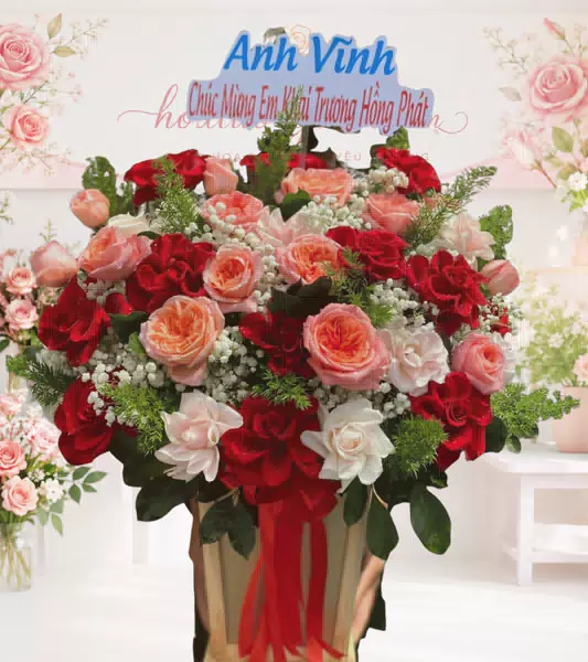 Giỏ hoa hồng đỏ cam trắng khai trương