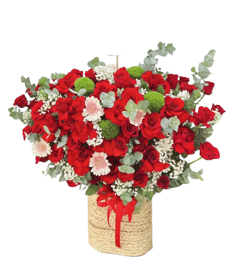 Giỏ hoa hồng đỏ cúc bi xanh đồng tiền hồng