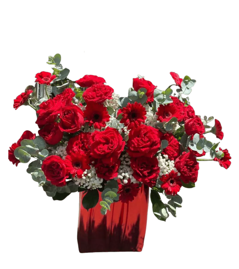 Giỏ hoa hồng đỏ đồng tiền đỏ