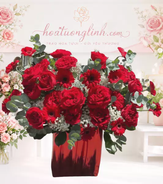 Giỏ hoa hồng đỏ đồng tiền đỏ