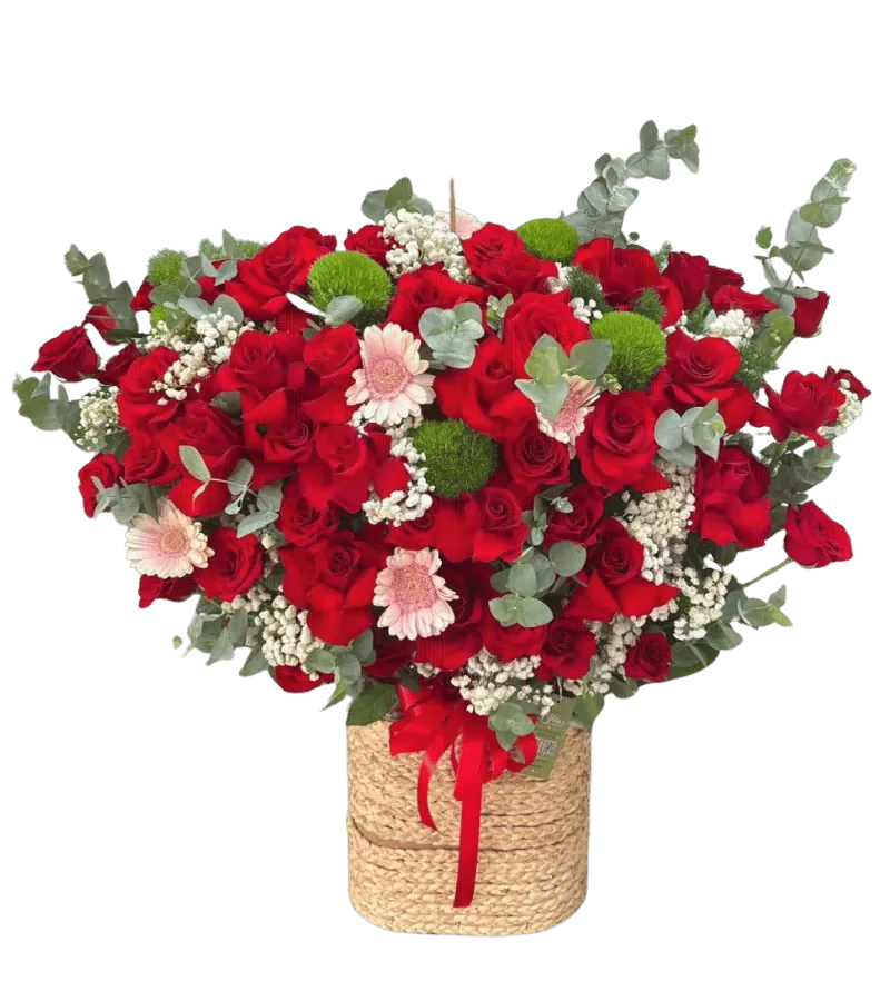 Giỏ hoa hồng đỏ đồng tiền hồng cúc bi xanh giỏ đan