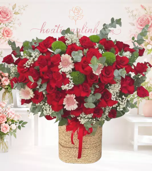 Giỏ hoa hồng đỏ đồng tiền hồng cúc bi xanh giỏ đan