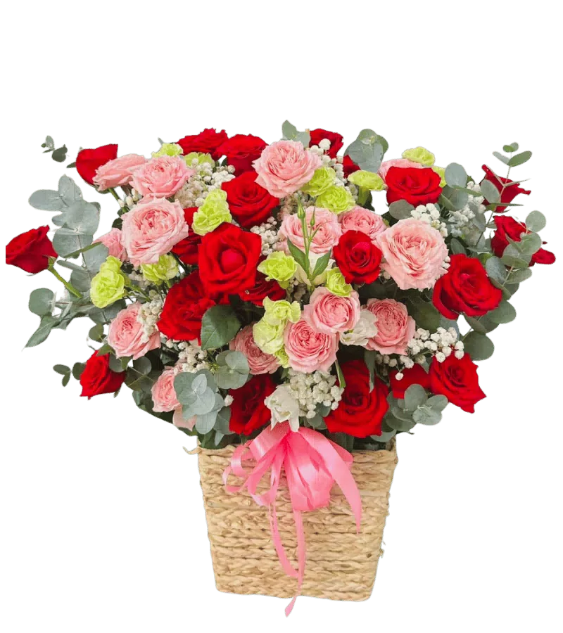 Giỏ hoa hồng đỏ hồng cẩm chướng xanh giỏ đan cói