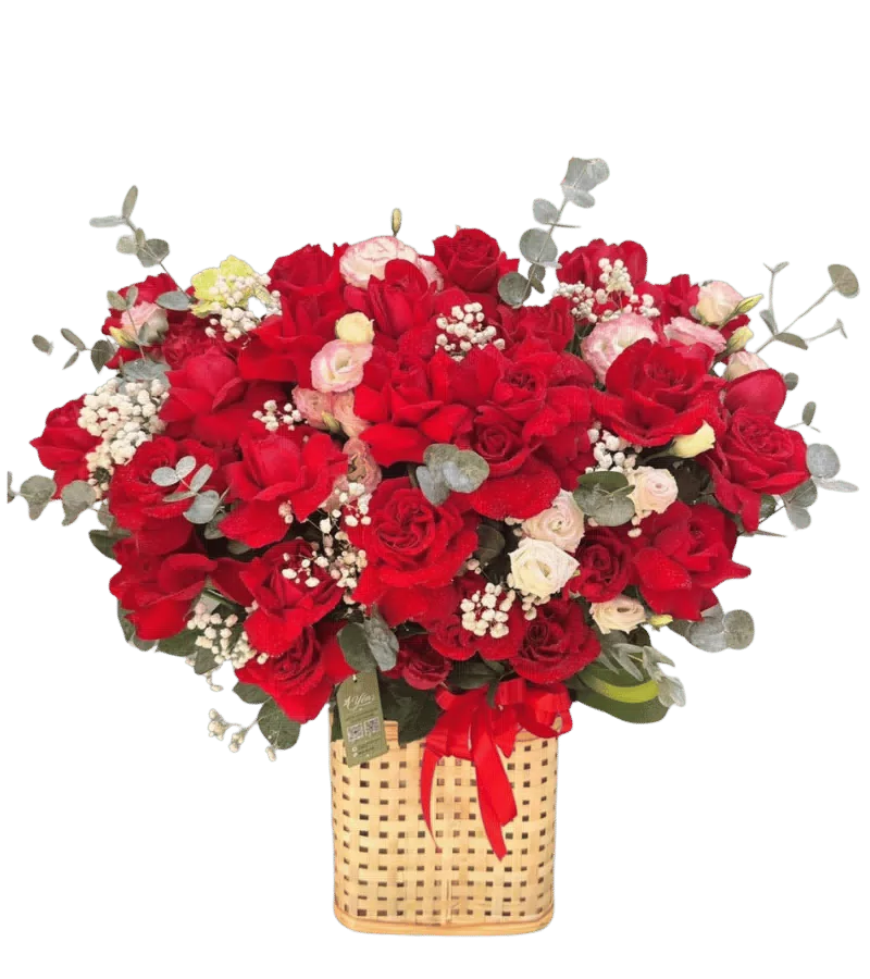 Giỏ hoa hồng đỏ hồng nhạt lisianthus giỏ nan tre
