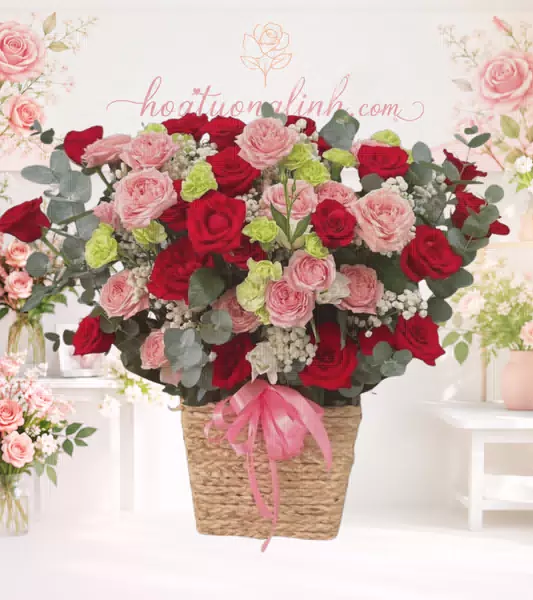 Giỏ hoa hồng đỏ hồng phối cúc bi xanh giỏ đan