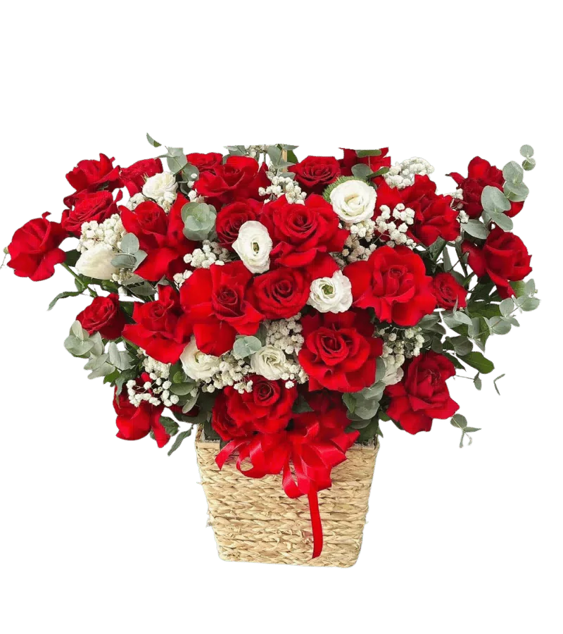 Giỏ hoa hồng đỏ lisianthus trắng giỏ đan cói