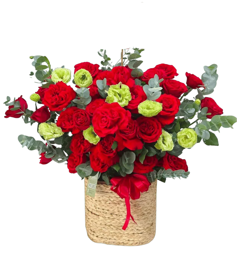 Giỏ hoa hồng đỏ lisianthus xanh chanh giỏ đan