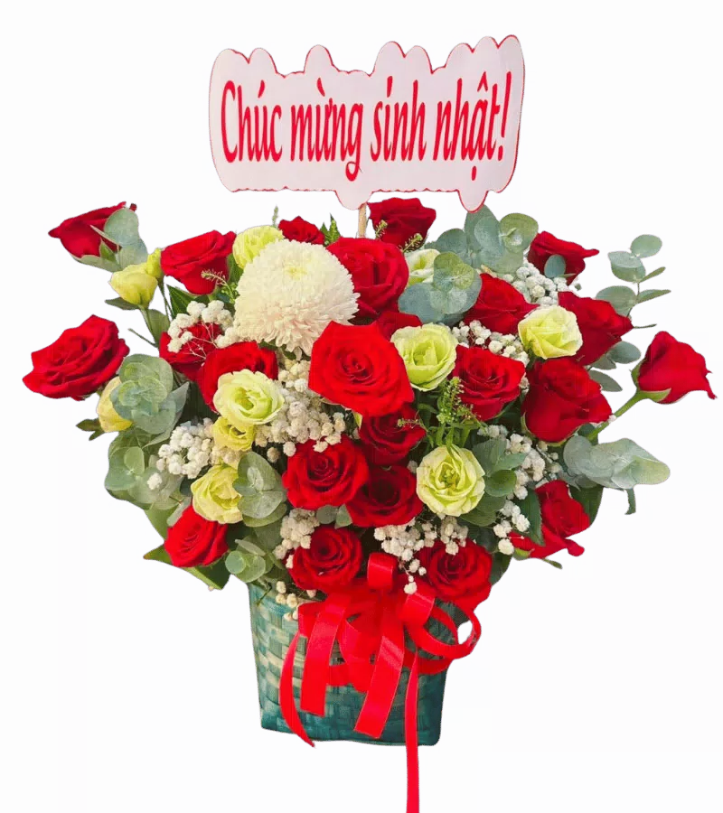 Giỏ hoa hồng đỏ vàng nhạt cúc trắng sinh nhật