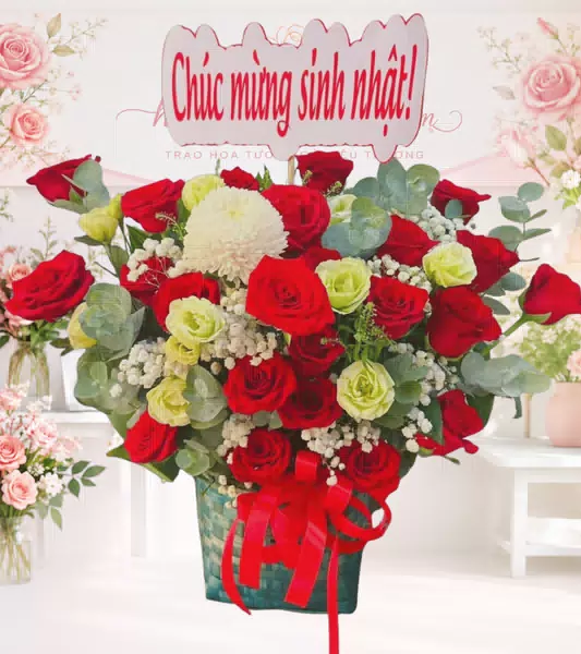 Giỏ hoa hồng đỏ vàng nhạt cúc trắng sinh nhật