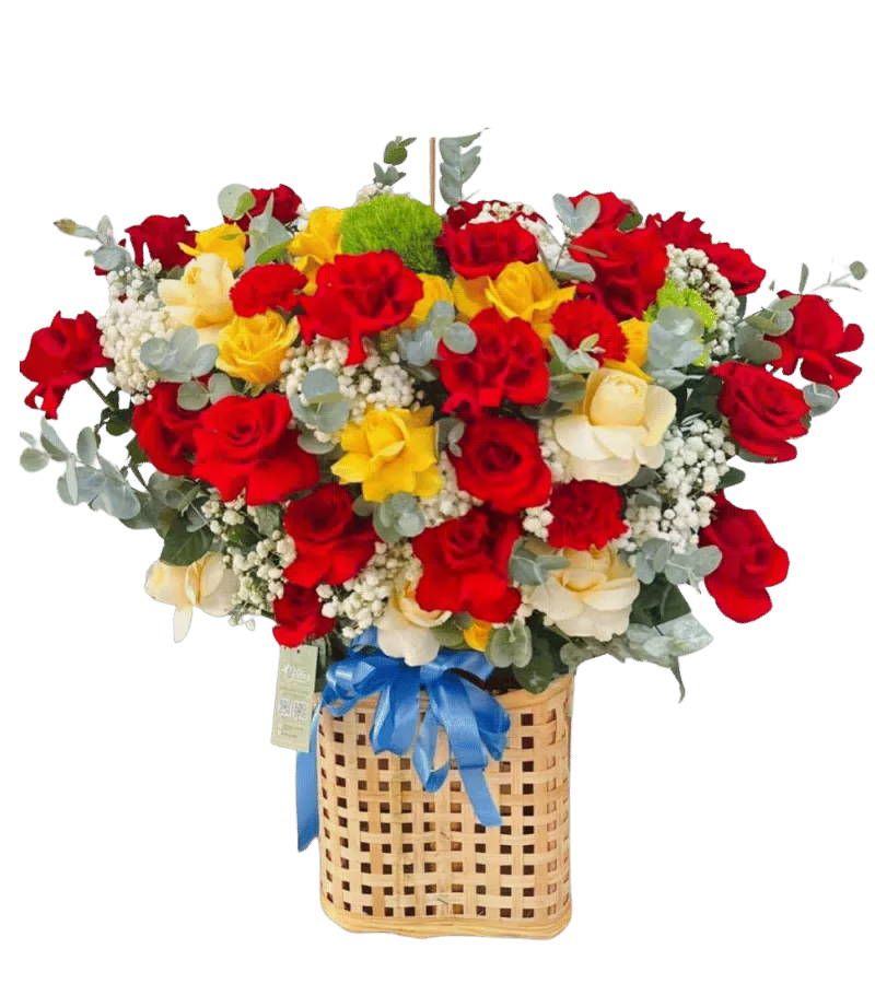 Giỏ hoa hồng đỏ vàng trắng nơ xanh