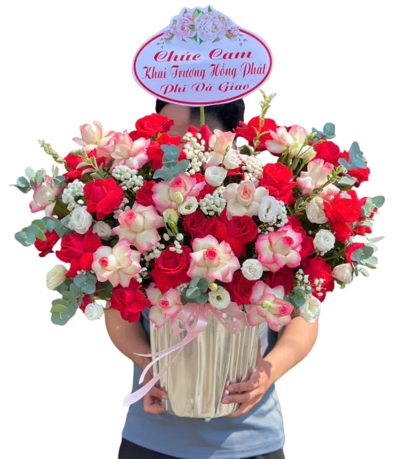 Giỏ hoa hồng đỏ viền trắng khai trương