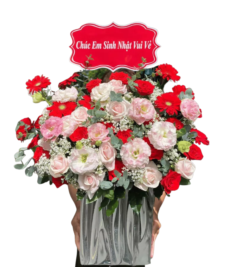 Giỏ hoa hồng lisianthus đồng tiền đỏ trắng